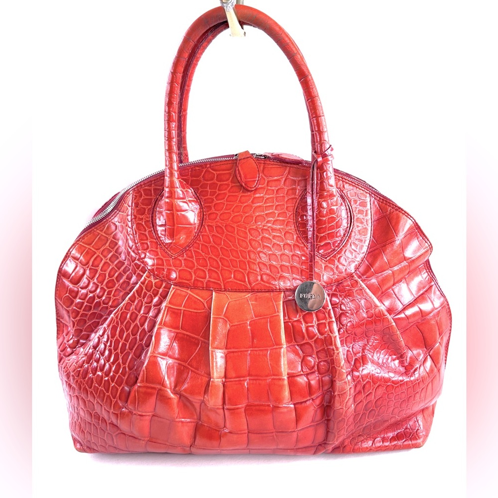 Perlina Orange Croc Embossed Leather Large Shoulder Bag Pleated Charm Zip Around